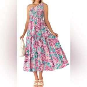NWT Zcsia One Shoulder Ruched Top Pink and Teal Floral Dress Sz Small